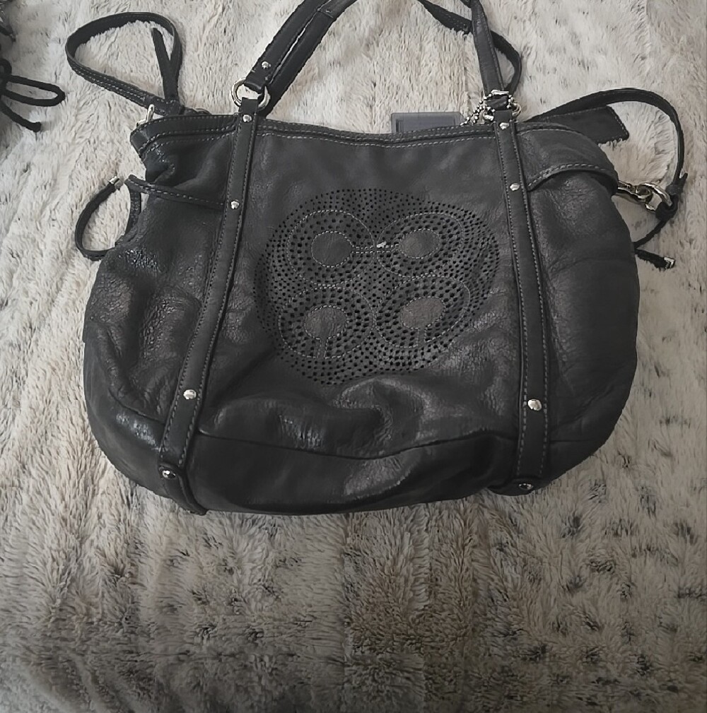 Black Coach Women's Leather Tote Bag with Perforated Detail - Picture 2 of 11